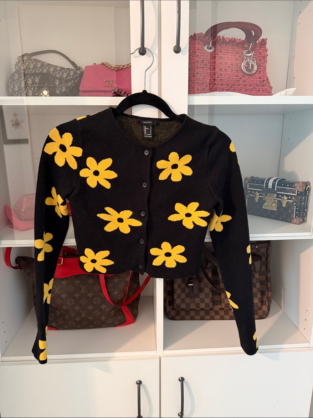 Forever 21 Black Cropped Cardigan with Yellow Floral Pattern